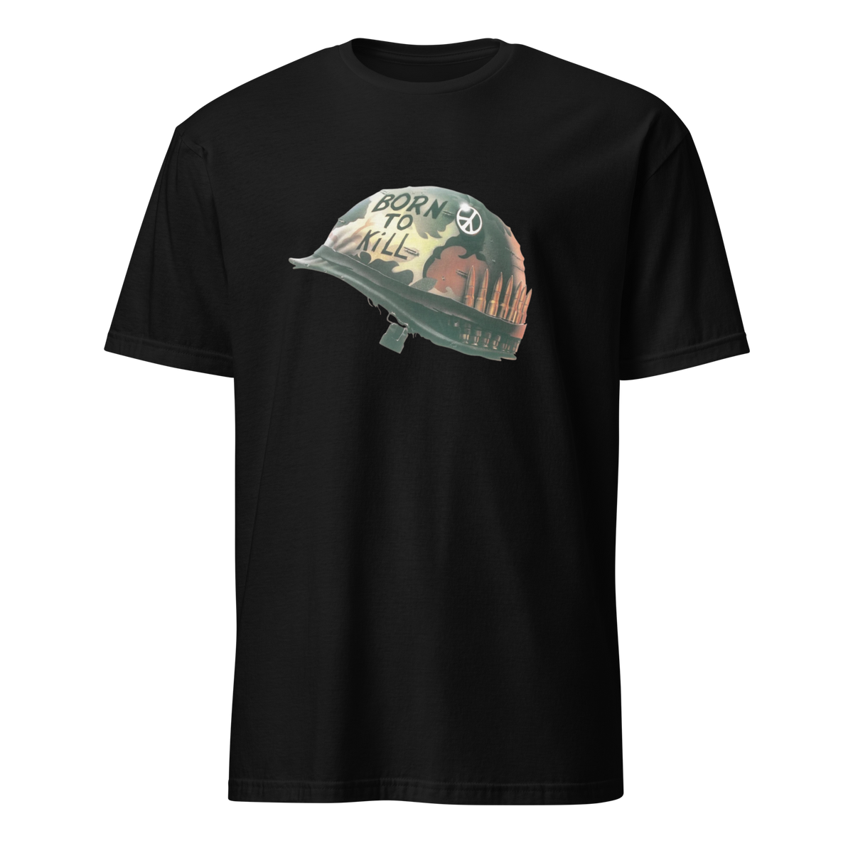 A black short-sleeve crewneck t-shirt featuring a graphic print of a military helmet with the text 'BORN TO KILL' in white, set against a plain white background.