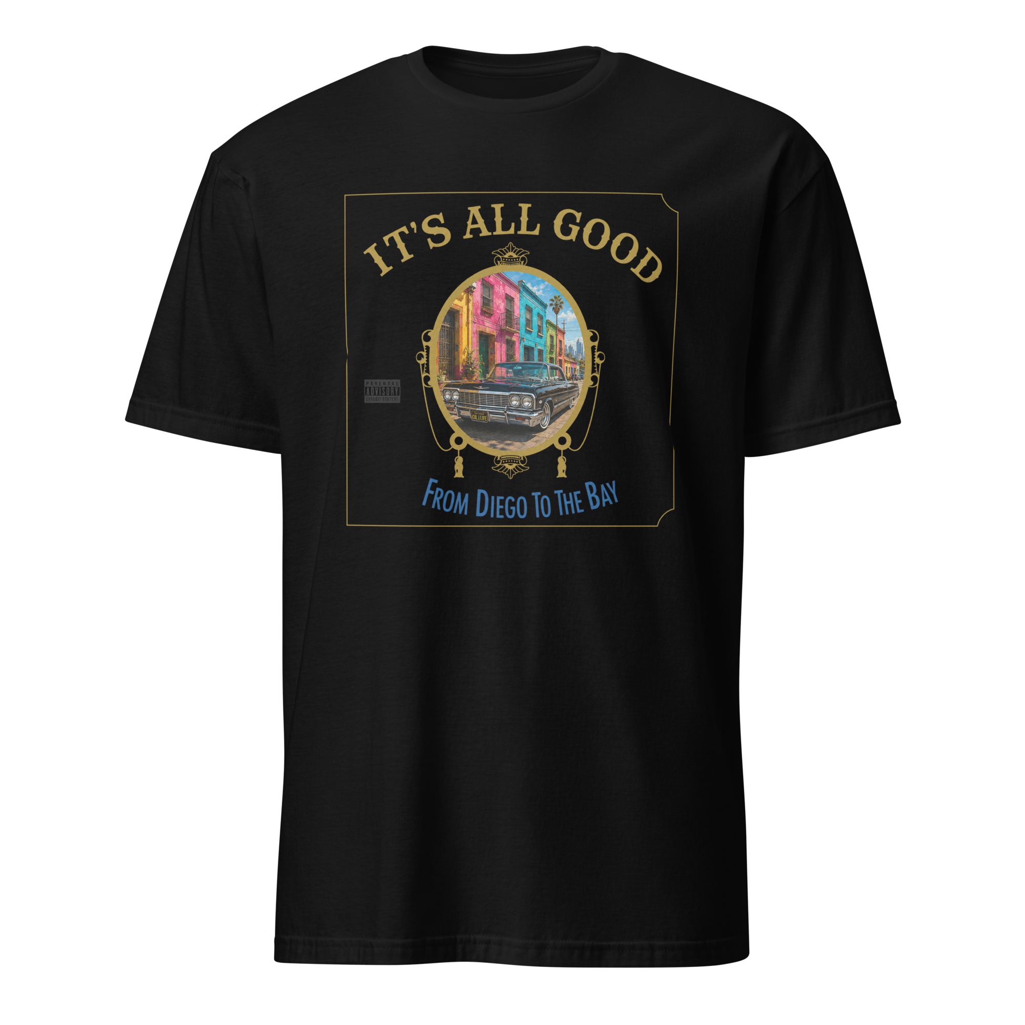 A black short-sleeve crewneck t-shirt featuring a vintage-style graphic print on the front. The graphic displays a colorful boat inside an ornate gold frame, with the text 'IT'S ALL GOOD' arched above and 'FROM DIEGO TO THE BAY' written below in blue and gold.