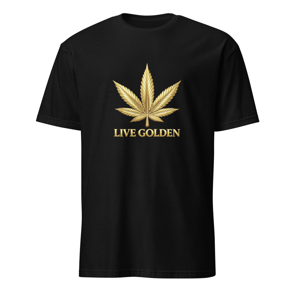 A black short-sleeve crewneck t-shirt featuring a metallic gold cannabis leaf graphic on the chest, with the text 'LIVE GOLDEN' printed below it in gold, displayed against a solid white background.