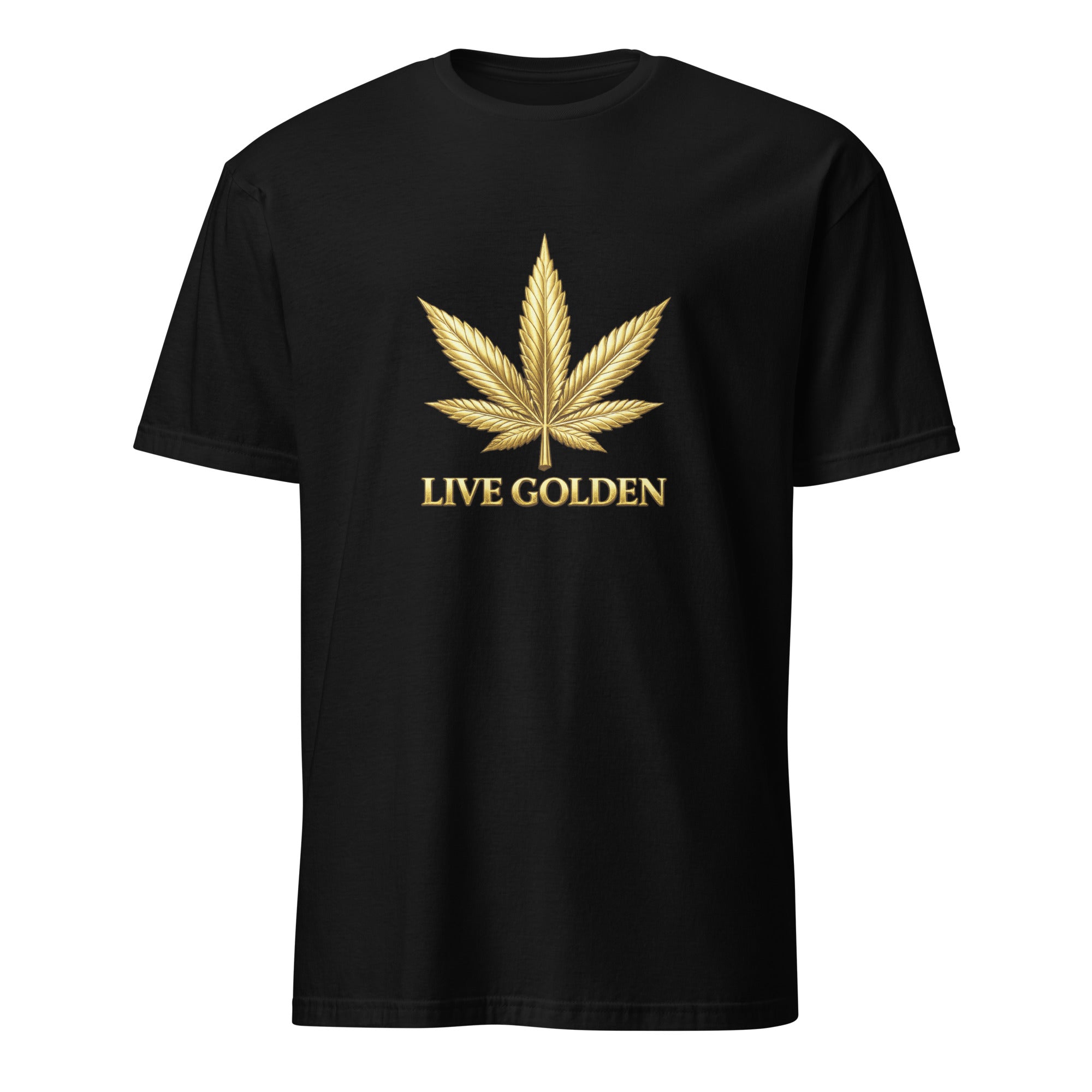 A black short-sleeve crewneck t-shirt featuring a metallic gold cannabis leaf graphic on the chest, with the text 'LIVE GOLDEN' printed below it in gold, displayed against a solid white background.