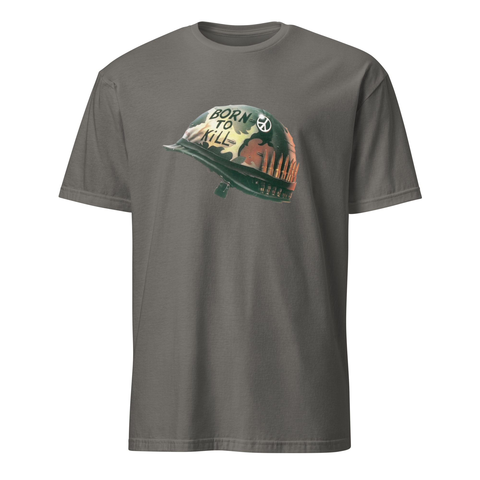 A dark gray crewneck t-shirt featuring a graphic print of a military combat helmet on the chest. The helmet is decorated with a camouflage pattern, a black and white skull and crossbones, and the text 'BORN TO KILL' with a sunset reflection.