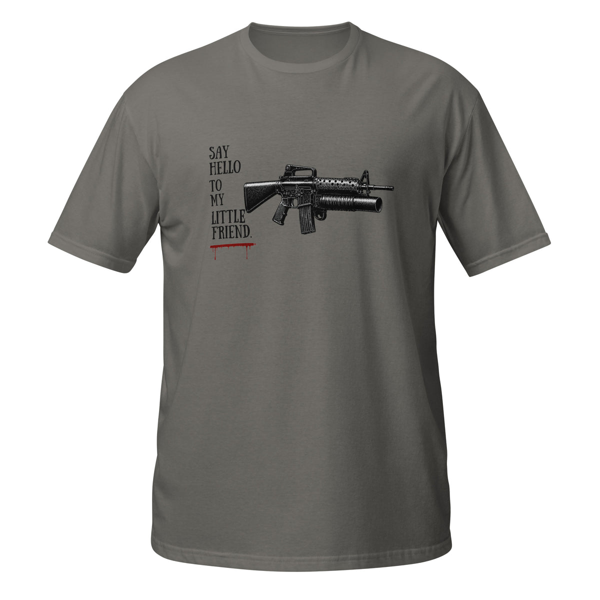 Charcoal t-shirt with 'Breathe then decide' text and yoga pose graphic on a white background