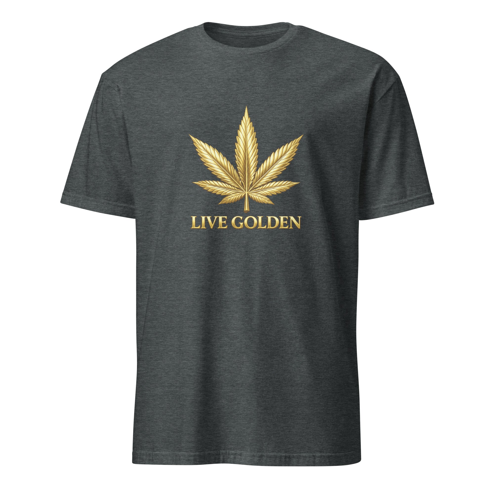 A dark heather gray crewneck t-shirt featuring a metallic gold cannabis leaf graphic and the text 'LIVE GOLDEN' printed on the chest, displayed against a solid white background.