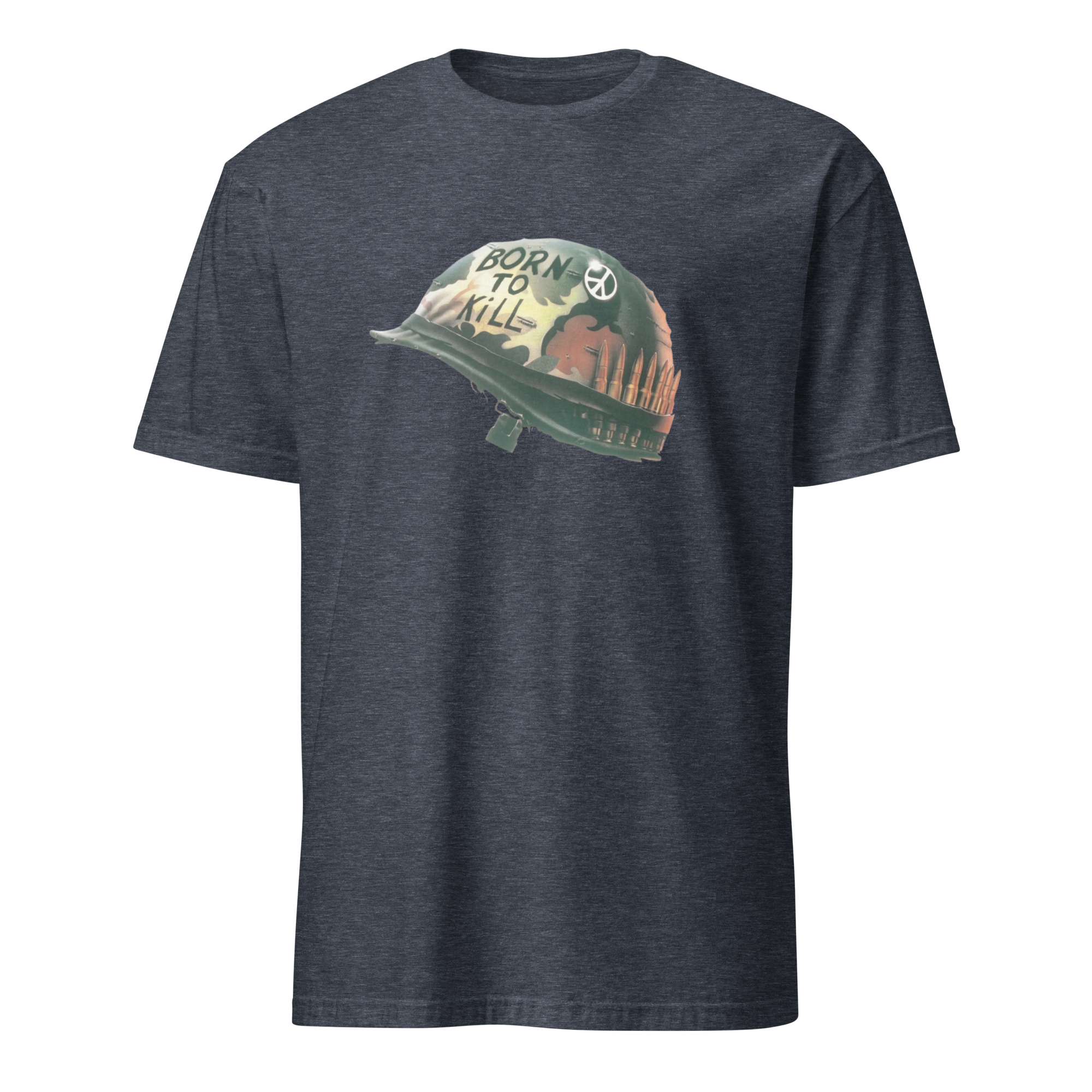 A dark heather gray crewneck t-shirt featuring a graphic of a military helmet with the text 'BORN TO KILL' and a sunset reflection, displayed on a solid white background.