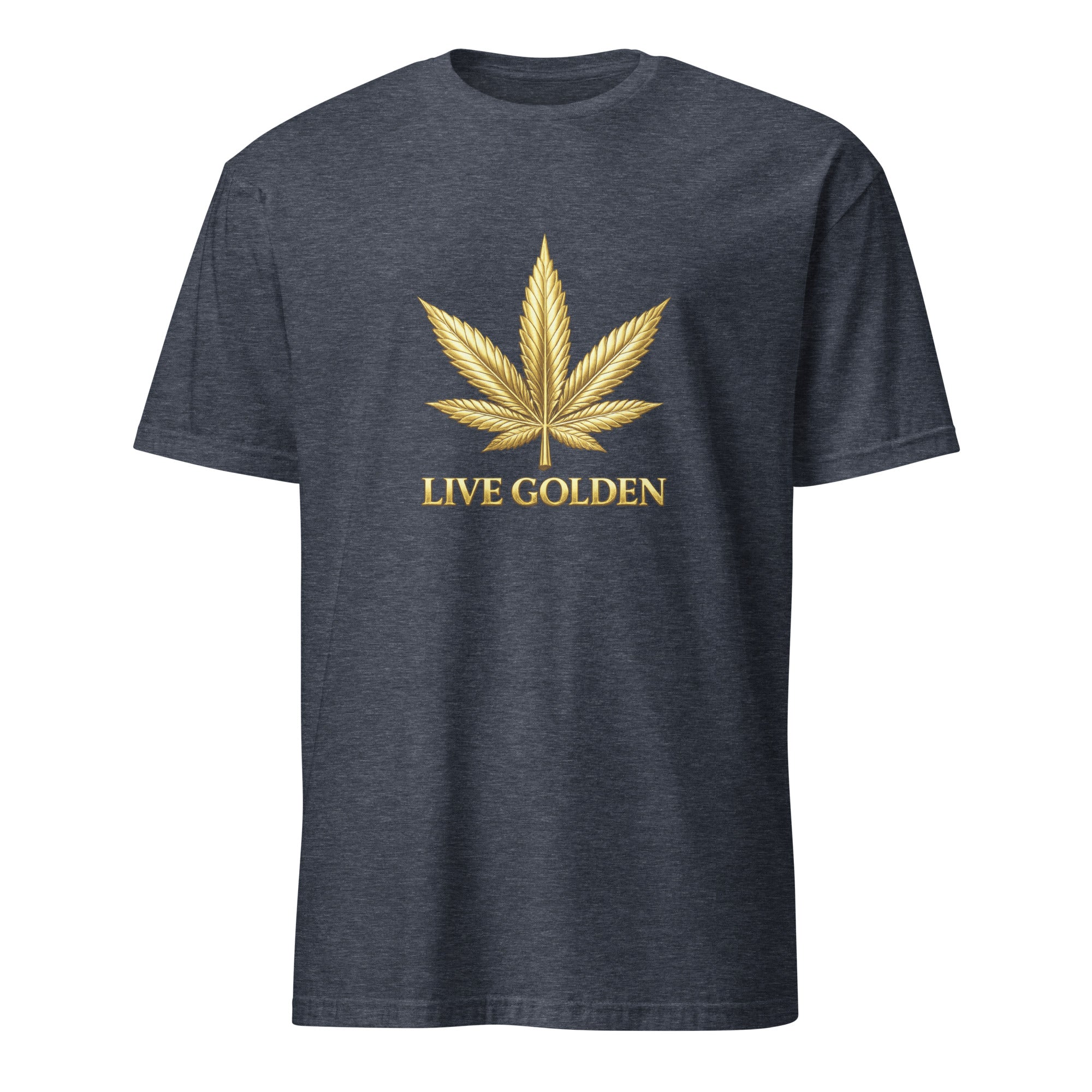 A dark heather gray t-shirt with a gold cannabis leaf graphic and the text 'LIVE GOLDEN' printed on the chest, displayed against a solid white background.