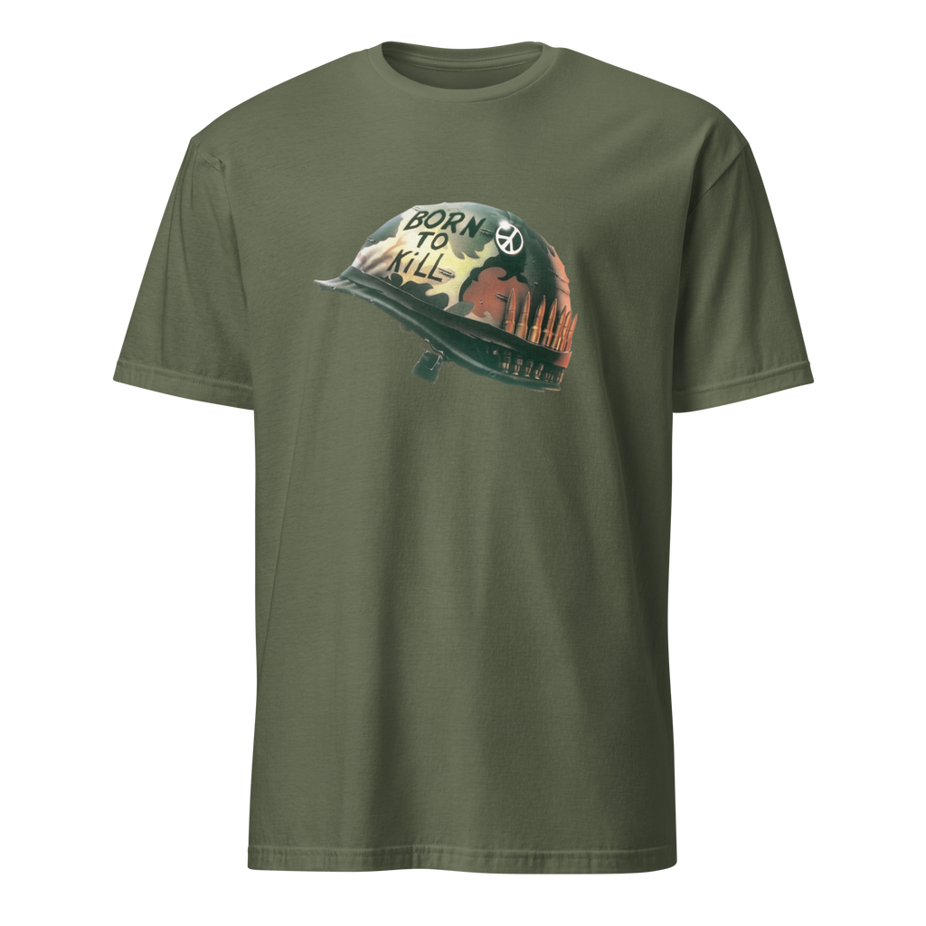 An military green crewneck t-shirt featuring a graphic of a military combat helmet with the text 'BORN TO KILL' and a sunset reflection, displayed on a solid white background.