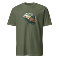 An military green crewneck t-shirt featuring a graphic of a military combat helmet with the text 'BORN TO KILL' and a sunset reflection, displayed on a solid white background.
