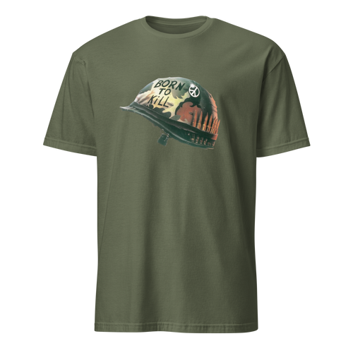 An military green crewneck t-shirt featuring a graphic of a military combat helmet with the text 'BORN TO KILL' and a sunset reflection, displayed on a solid white background.