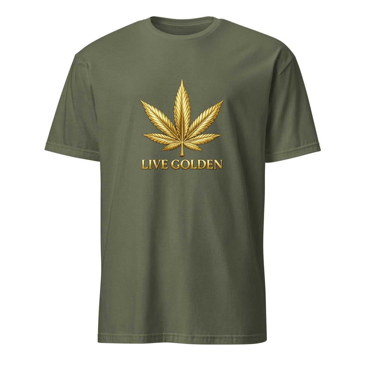 An military green short-sleeve t-shirt with a metallic gold cannabis leaf graphic and the text 'LIVE GOLDEN' printed on the chest, displayed against a solid white background.