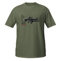 An military green short-sleeve t-shirt with a graphic on the chest featuring a black rifle illustration and the text 'SAY HELLO TO MY LITTLE FRIEND' in black, with a small red underline.