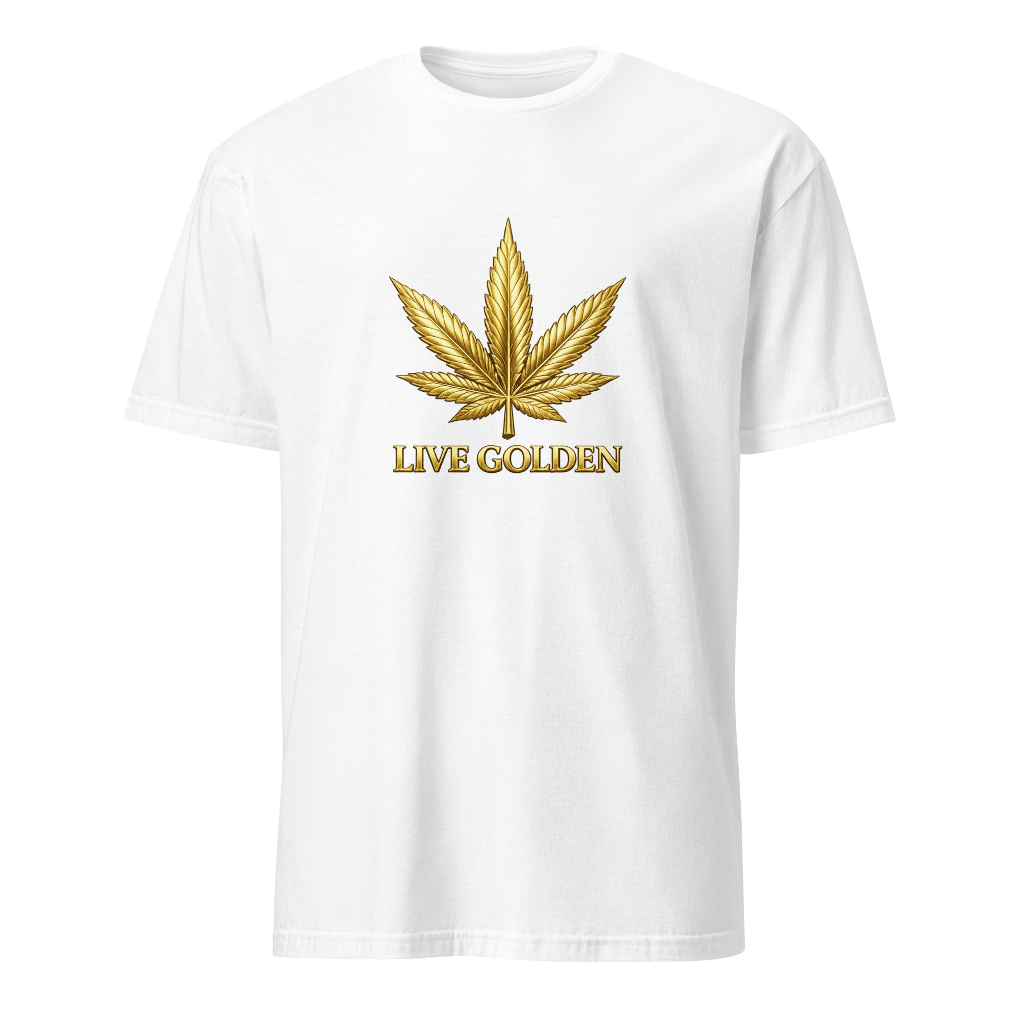 A white short-sleeve crewneck t-shirt featuring a metallic gold cannabis leaf graphic on the chest with the text 'LIVE GOLDEN' printed underneath.